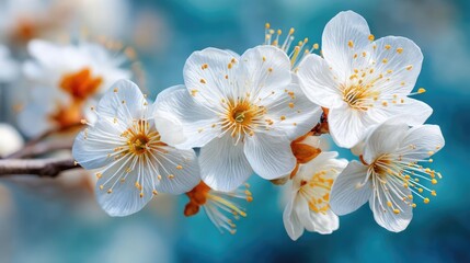 Poster - Blossoming apricot tree branches during peaceful springtime sunlight concept. Delicate white cherry blossoms blooming in spring.