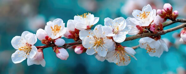 Poster - Blossoming apricot tree branches with beautiful blurred sky concept. Delicate cherry blossoms with soft petals against a vibrant backdrop.