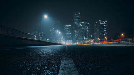 Fototapete - Dark asphalt street at night in empty futuristic city