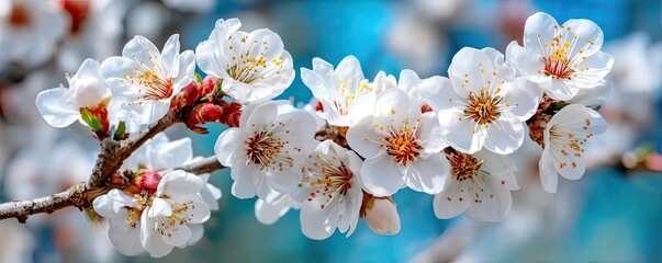 Poster - Blossoming apricot tree branches with beautiful blurred sky concept. Delicate white cherry blossoms blooming against a vibrant blue sky.