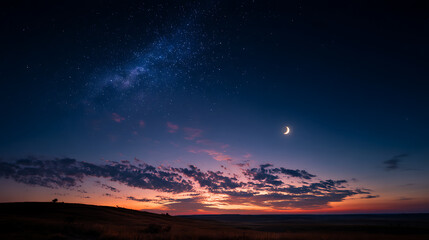 Fototapete - Dark blue sky after sunset with beautiful awesome sky with moon and milky way