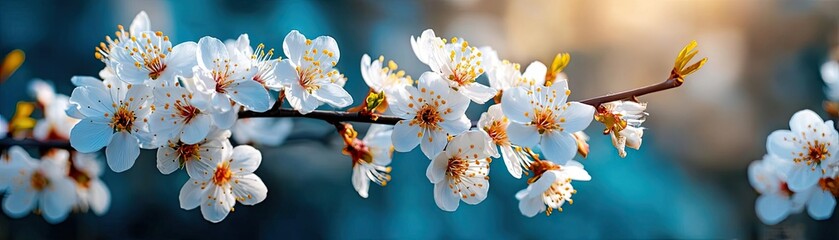 Poster - Blossoming apricot tree branches with beautiful blurred sky concept. Beautiful cherry blossoms in delicate bloom against a blue backdrop.
