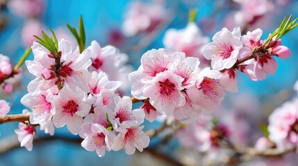 Poster - Blossoming apricot tree branches with springtime blue background concept. Beautiful cherry blossoms blooming against a clear blue sky.