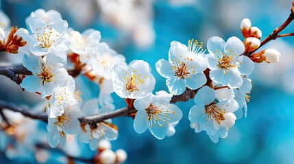 Poster - Blossoming apricot tree branches with springtime blue background concept. Beautiful white cherry blossoms blooming on a serene blue background.