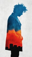 Poster - Double Exposure Soundscape Silhouette of a Musician with Colorful Blend of Blue and Orange Against a Textured Background