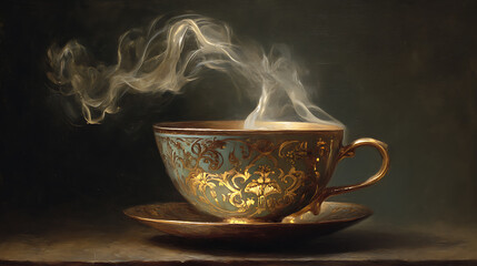 Aufkleber - Baroque painting of steaming hot cup of fresh coffee