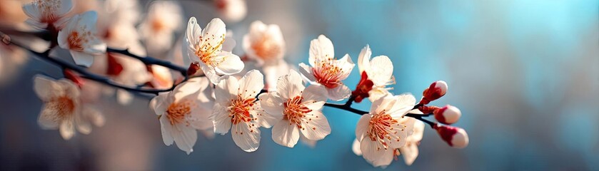 Poster - Blossoming apricot tree branches during peaceful springtime sunlight concept. Delicate cherry blossom bloom against a serene blue backdrop.