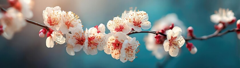 Poster - Blossoming apricot tree branches during peaceful springtime sunlight concept. Delicate cherry blossom branch against a soft blue background.