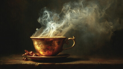 Poster - Baroque painting of steaming hot cup of fresh coffee