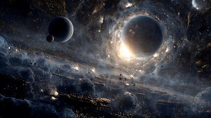 Aufkleber - Dramatic abstract space solar landscape, planets, stars, and moons in a supernova, science fiction art