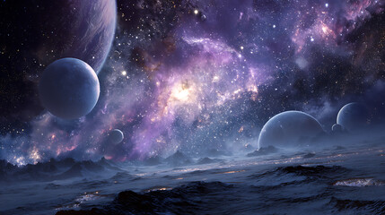 Poster - Dramatic abstract space solar landscape, planets, stars, and moons in a supernova, science fiction art