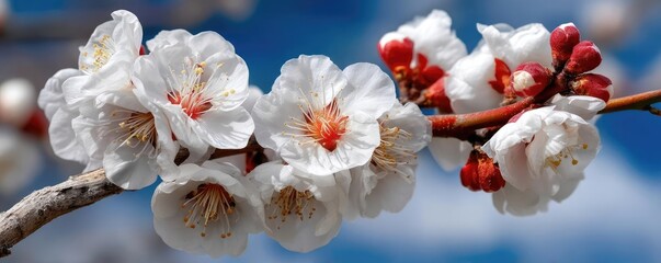 Poster - Blossoming apricot tree branches with springtime blue background concept. Delicate white cherry blossoms in full bloom against blue sky.