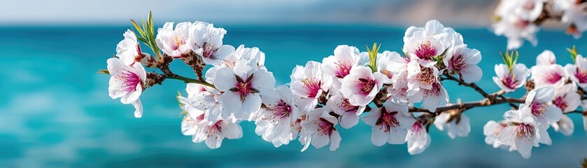 Poster - Blossoming apricot tree branches with beautiful blurred sky concept. Beautiful cherry blossom tree branch by the calm blue ocean.
