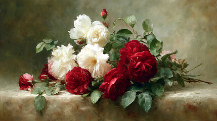Aufkleber - Elegant floral arrangement with red and white roses on a textured background