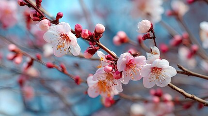 Poster - Blossoming apricot tree branches with springtime blue background concept. Beautiful cherry blossoms blooming in vibrant spring colors.