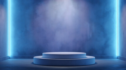 Poster - Beautiful futuristic background for presentation with modern podium, textured blue wall and neon backlight