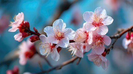 Poster - Blossoming apricot tree branches with springtime blue background concept. Delicate pink cherry blossoms bloom in a serene setting.