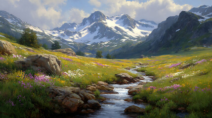 Aufkleber - Beautiful landscape with meadow, stream, and mountains, snow capped peaks and flower fields near a babbling brook