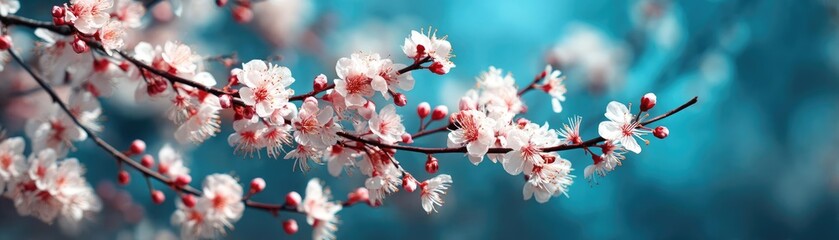Poster - Blossoming apricot tree branches with springtime blue background concept. Delicate cherry blossom branches against a serene blue backdrop.