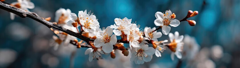 Poster - Blossoming apricot tree branches with springtime blue background concept. Beautiful white blossoms on a branch against a serene background.