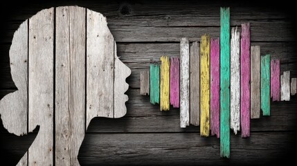 Poster - Artistic Double Exposure of Silhouette with Colorful Sound Waves on Wood Background Reflecting the Connection Between Music and Emotion