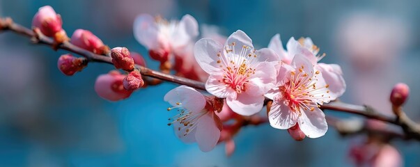 Poster - Blossoming apricot tree branches with springtime blue background concept. Delicate cherry blossom flowers blooming in springtime.