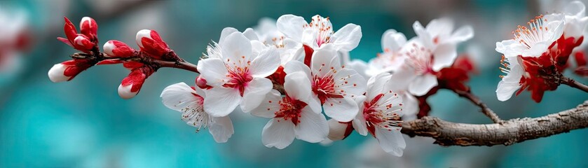 Poster - Blossoming apricot tree branches with beautiful blurred sky concept. Delicate cherry blossom flowers blooming against a turquoise backdrop.