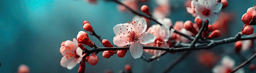 Poster - Blossoming apricot tree branches with springtime blue background concept. Beautiful blossoms on a branch against a serene background.