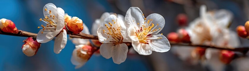 Poster - Blossoming apricot tree branches with beautiful blurred sky concept. Beautiful white flowers blooming on a vibrant blue background.