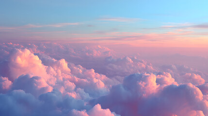 Poster - Beautiful pastel cloudscape, fluffy clouds in the sky, horizon from a plane, weather and overcast dawn