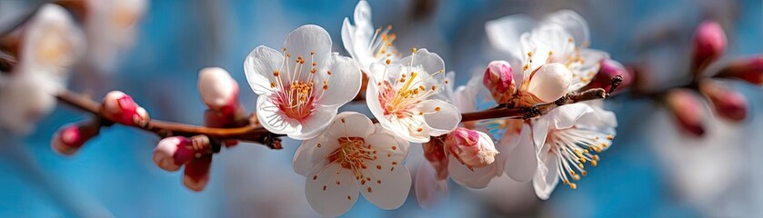 Poster - Blossoming apricot tree branches with springtime blue background concept. Delicate cherry blossoms bloom against a clear blue sky.