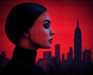 Poster - Ethereal Soundscape of a Musician’s Profile in Double Exposure Against a City Skyline with Textured Red Background