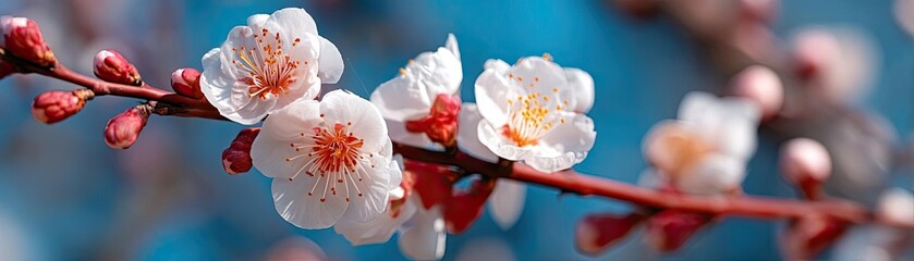 Poster - Blossoming apricot tree branches with springtime blue background concept. Delicate cherry blossoms blooming against a serene blue backdrop.