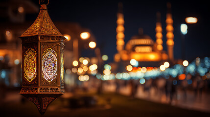 Poster - Original traditional ornate oriental lantern with beautiful bokeh of holiday lights and mosque in background