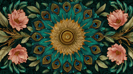 Poster - Floral mandala pattern with feathers as spirituality concept