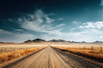 Poster - Expansive Desert Road Stretches Under a Vast Sky Revealing Shadows and Gentle Elevations Generative AI