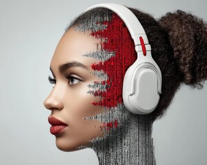 Poster - Artistic Double Exposure Portrait of Musician with Headphones and Soundwave Elements in Modern Digital Style
