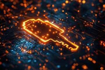 Poster - Key icon illuminated on computer circuit board with glowing elements at night, key icon with computer circuit board over light trails on black background