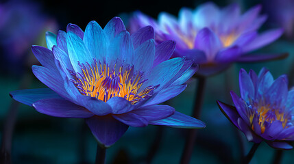 Poster - Bright neon blue colorful lotus flower bloom, vivid waterlily closeup floral background