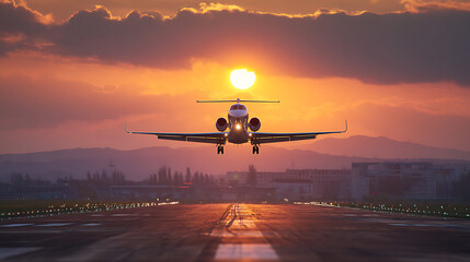 Poster - Private jet landing on airport field during sunset