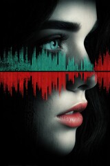 Poster - Artistic Double Exposure Portrait of a Musician Blending Sound Waves with a Female Silhouette in a Vibrant and Abstract Style