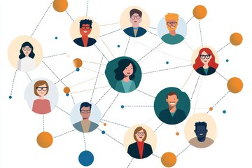 Poster - Network of connections showcasing diverse individuals interacting through icons and lines representing relationships, network of connections with icons over diverse colleagues talking in office