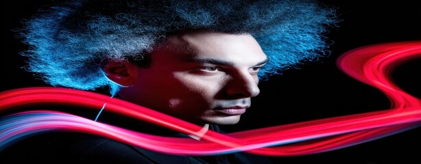 Poster - Surreal Double Exposure Portrait of a Musician with Vibrant Light Trails and Unique Hair Style in Dynamic Soundscape Environment