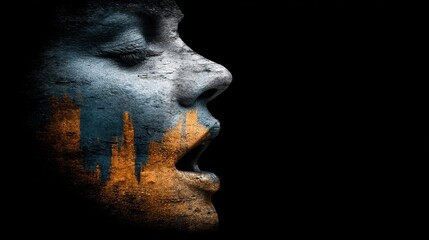 Poster - Unique Soundscape Art with Double Exposure of Musician's Profile and Abstract City Skyline in Vibrant Colors