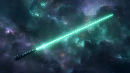 Poster - Illuminated green lightsaber against a cosmic background with stars and nebulae