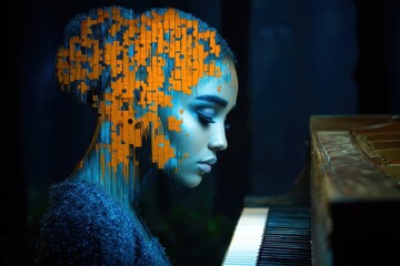 Poster - Surreal Soundscape with Double Exposure of a Female Musician Playing Piano Blended with Colorful Artistic Elements