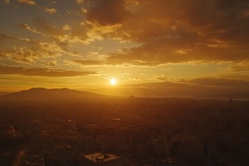 Poster - Panoramic aerial view of Athens Greece during sunset timelapse showcasing vibrant cityscape and mountains, Panoramic aerial view of Athens, Greece Timelapse of summer sunset