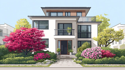 Poster - Illustration of modern german detached house in city area with beautiful garden