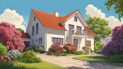 Poster - Illustration of modern german detached house in city area with beautiful garden