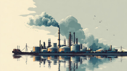 Poster - Industrial pollution and environmental conservation concept with refinery